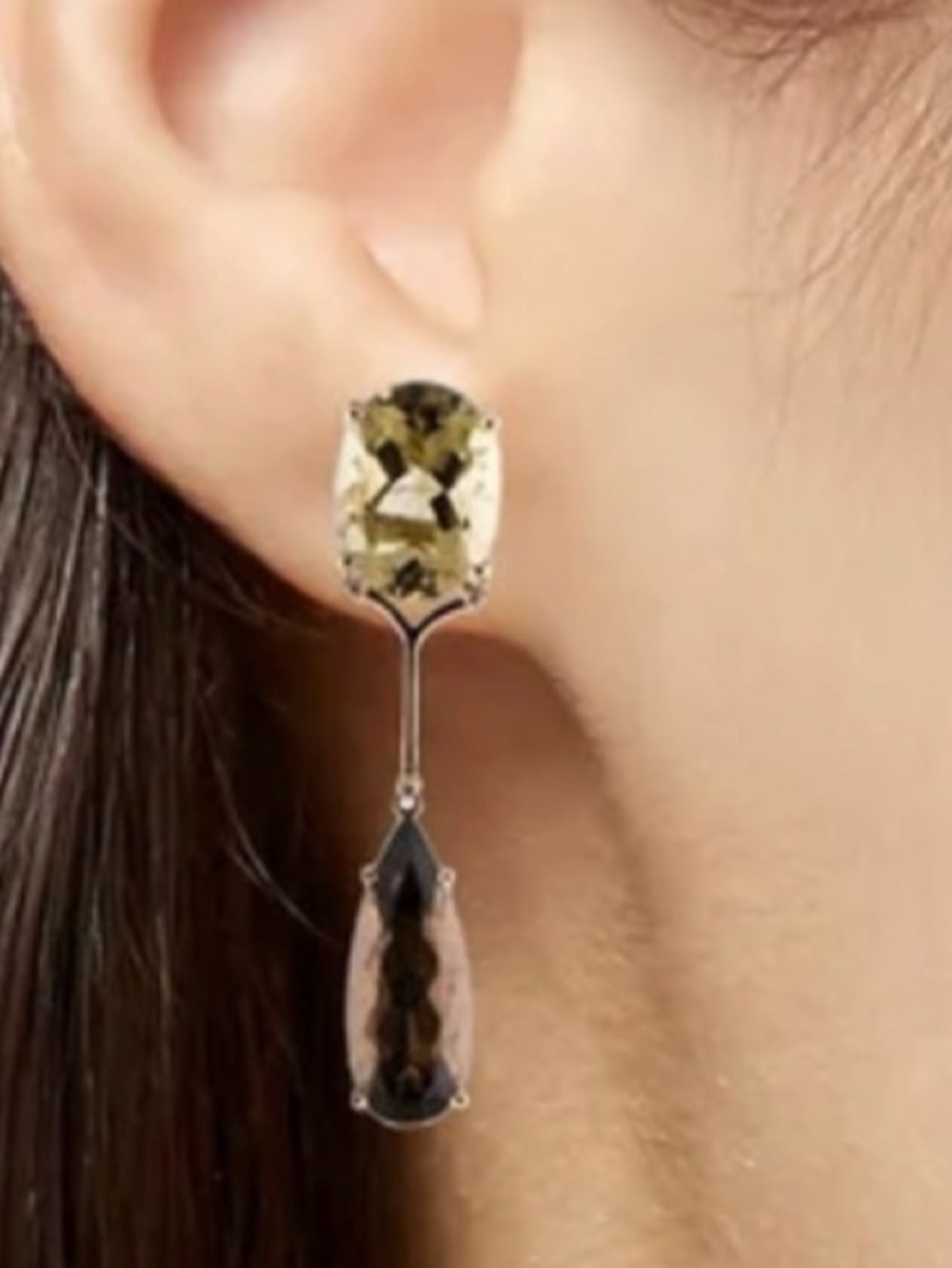Gold Drop Earrings featuring faceted yellow and brown gemstones